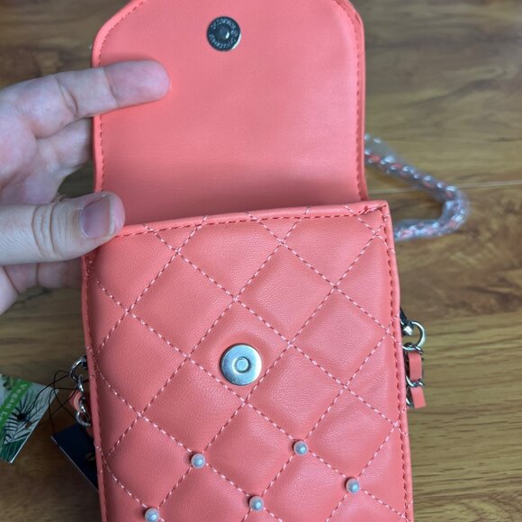 Badgley Mischka Pearl Strap Phone Case Crossbody Diamond Quilting Coral NWT - Picture 6 of 7